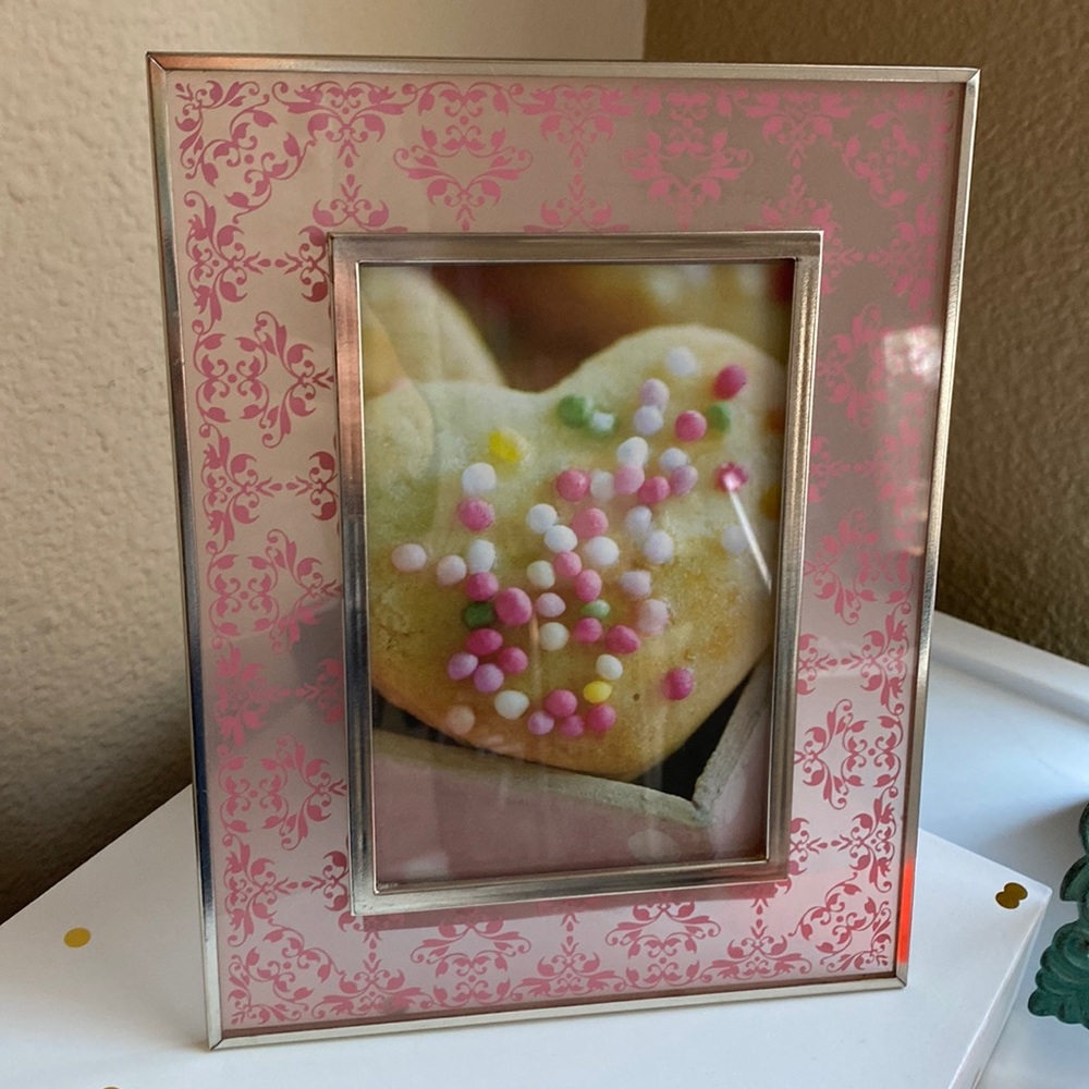 Pink filigree vellum picture frame with silver accent about 4 x 6 size delicate
